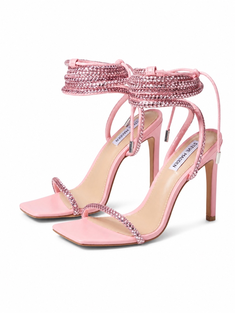 Steve Madden Uplift Pink Rhinestone Lace Up Heels Square Toe Stiletto 8.5 NWOB
